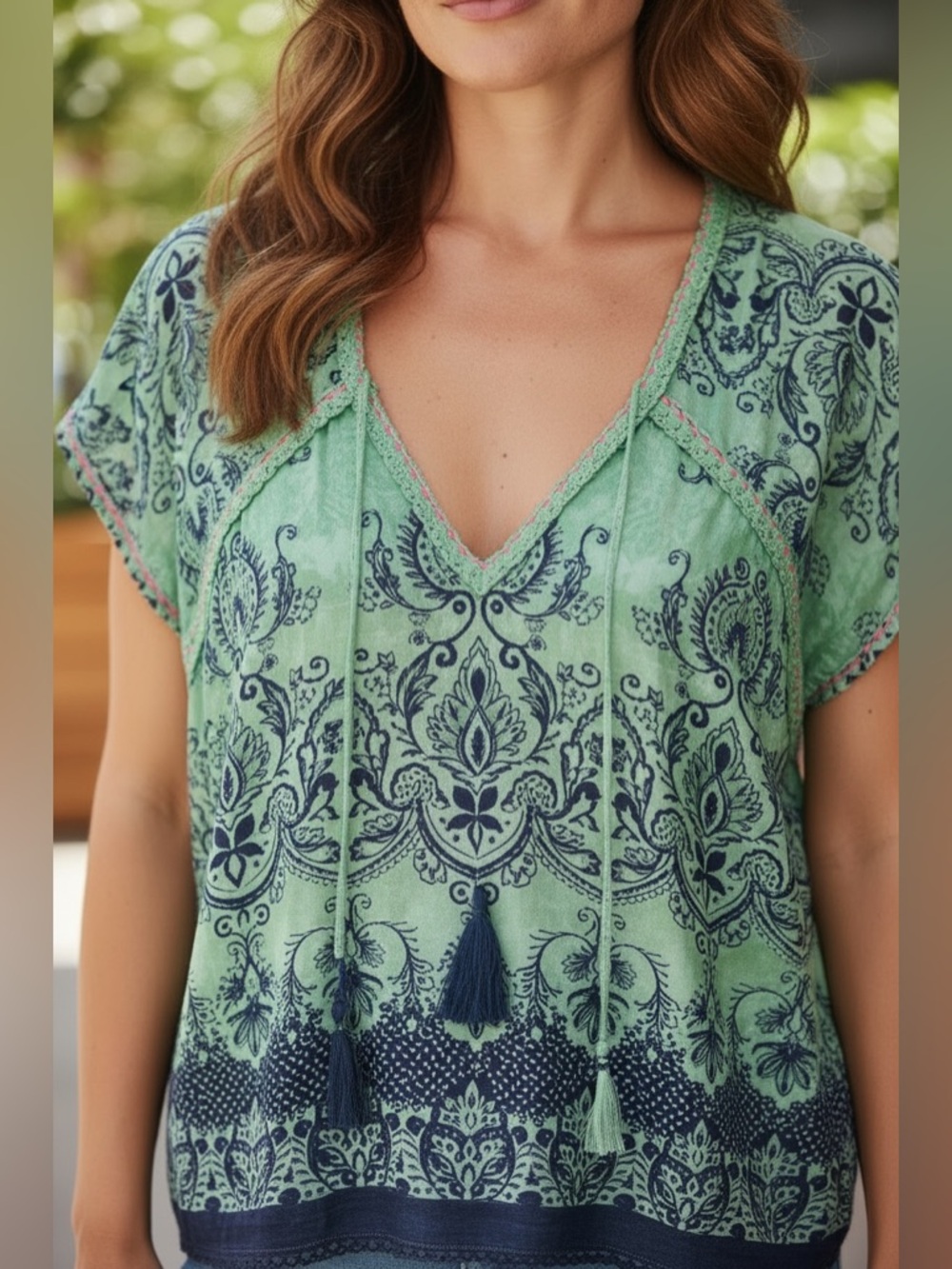 Love Stitch Seafoam Green Printed V-Neck Tassel Tunic